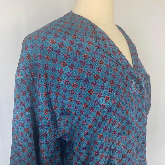 Vintage Blouse Top Size Small Blue Red Scarf Print Satin Long Sleeve Secretary - Picture 3 of 15